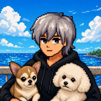 Pixel-art portrait of Panrui with two dogs by the sea